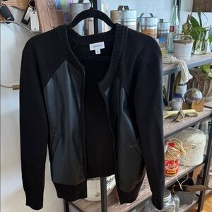 Evereve Black Mixed-Material Bomber Jacket